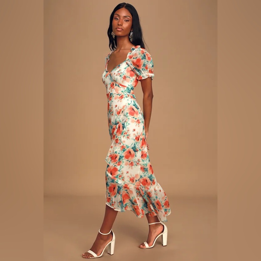 Lulus Romantic Effect White Orange Floral Ruffled Midi Maxi Dress | Size Small